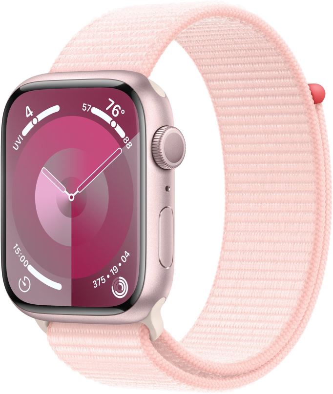 Chytré hodinky Apple Watch Series 9 45mm Růžový hliník se světle růžovým provlékacím sportovním řemínkem