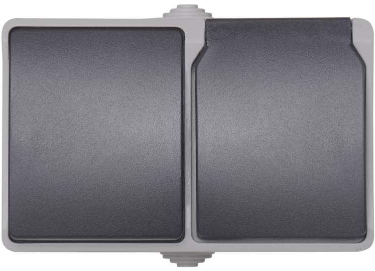 Zásuvka EMOS Kombinace zásuvky + přepínače č.6, nástěnný, IP44, šedo-černá