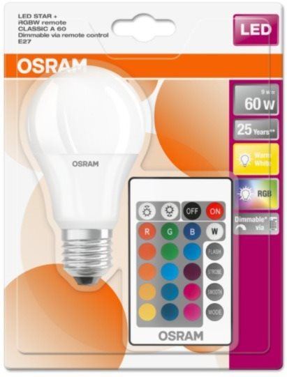 LED žárovka OSRAM LED STAR+ CL A RGBW Fros. 9W 827 E27 806lm 2700K (CRI 80) 25000h A+ DIMmable Rem Ctrl (Blistr