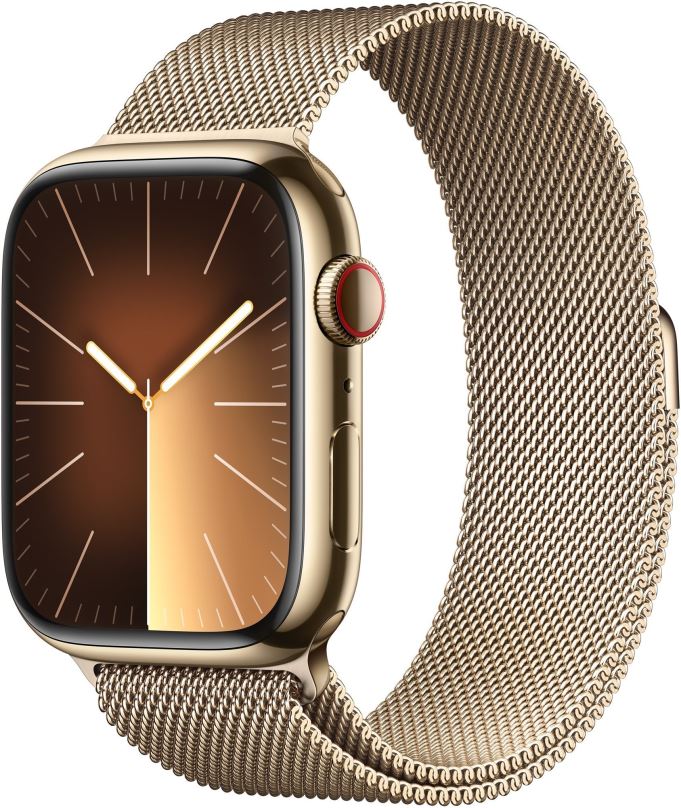 Chytré hodinky Apple Watch Series 9 45mm Cellular Zlatý nerez se zlatým milánským tahem