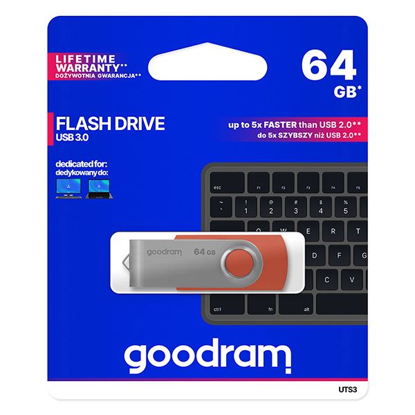 Goodram USB flash disk, USB 3.0, 64GB, UTS3, červený, UTS3-0640R0R11, USB A, s otočnou krytkou