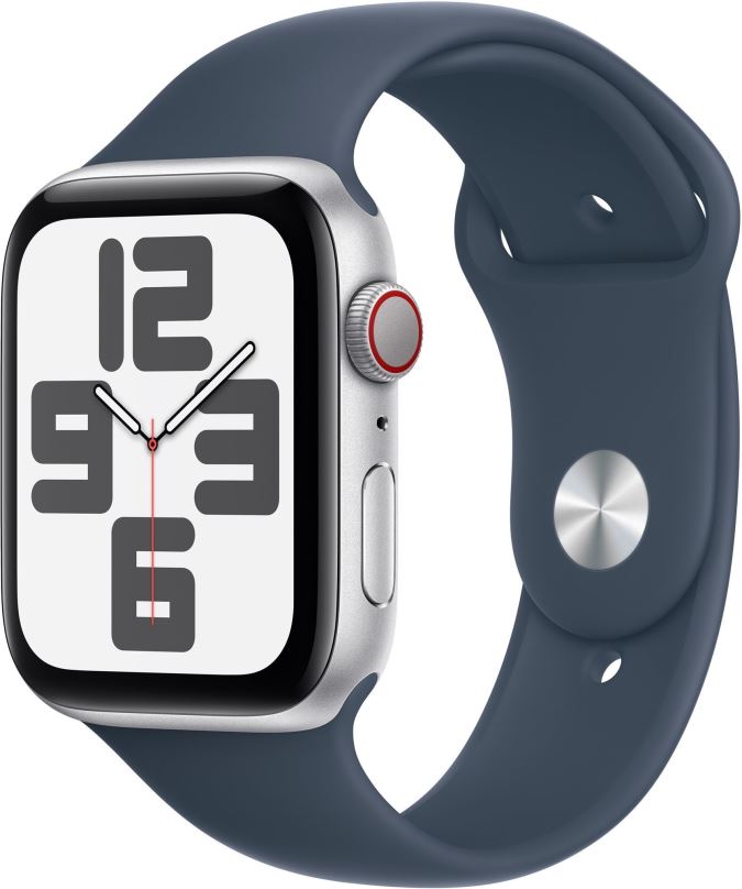 Chytré hodinky Apple Watch SE Cellular 44mm Stříbrný hliník s bouřkově modrým sportovním řemínkem - S/M