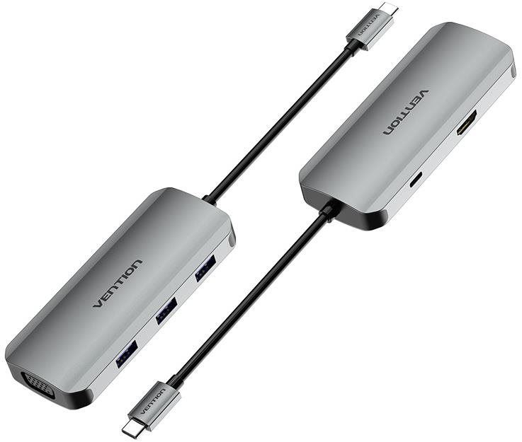 Replikátor portů Vention 6-in-1 USB-C to HDMI / VGA / USB 3.0 x 3 / PD Docking Station 0.15M Gray Aluminum