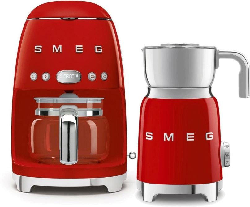 Set SMEG 50's Retro Style Překapávač 1,4l 10 cup červený + Šlehač mléka 0,6l červený
