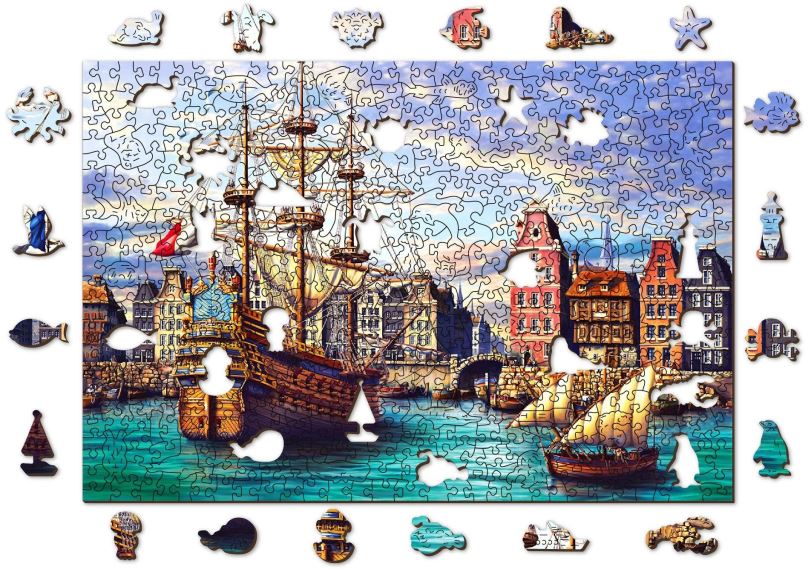 Puzzle Woden City Dřevěné puzzle Staré lodě v přístavu 2v1, 505 dílků eko