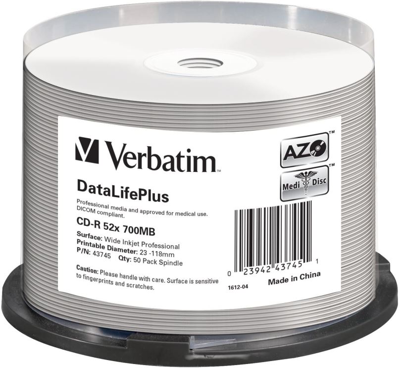 Média VERBATIM CD-R DataLifePlus 700MB, 52x, white printable, spindle 50 ks