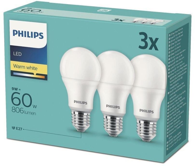 LED žárovka Philips LED 9-60W, E27 2700K, 3ks