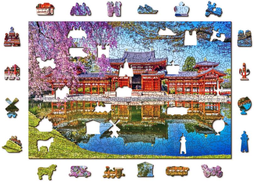 Puzzle Woden City Dřevěné puzzle Chrám Byodo-in, Kjóto, Japonsko 2v1, 505 dílků eko