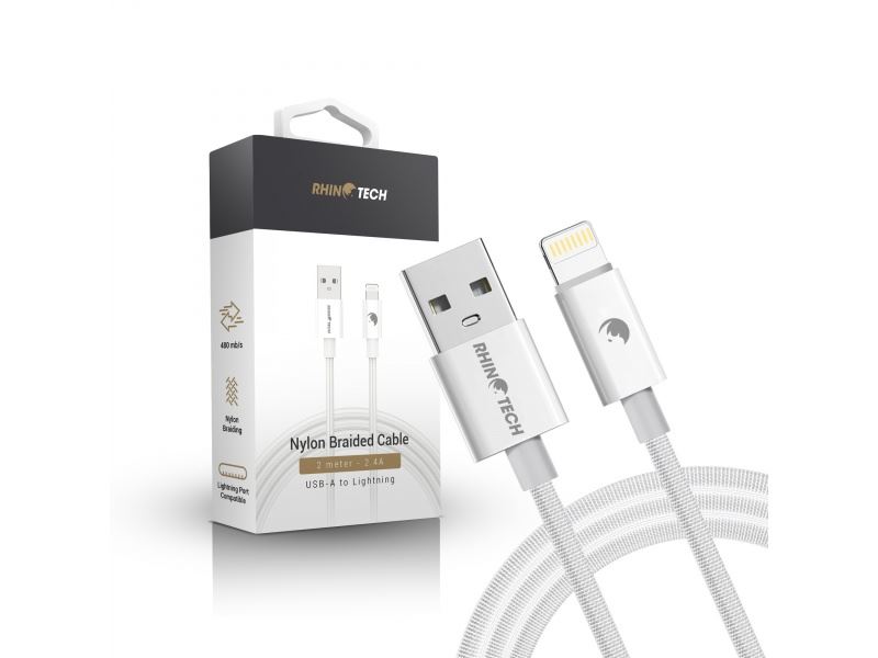 RhinoTech kabel s nylonovým opletem USB-A na Lightning 2,4A 2m bílá