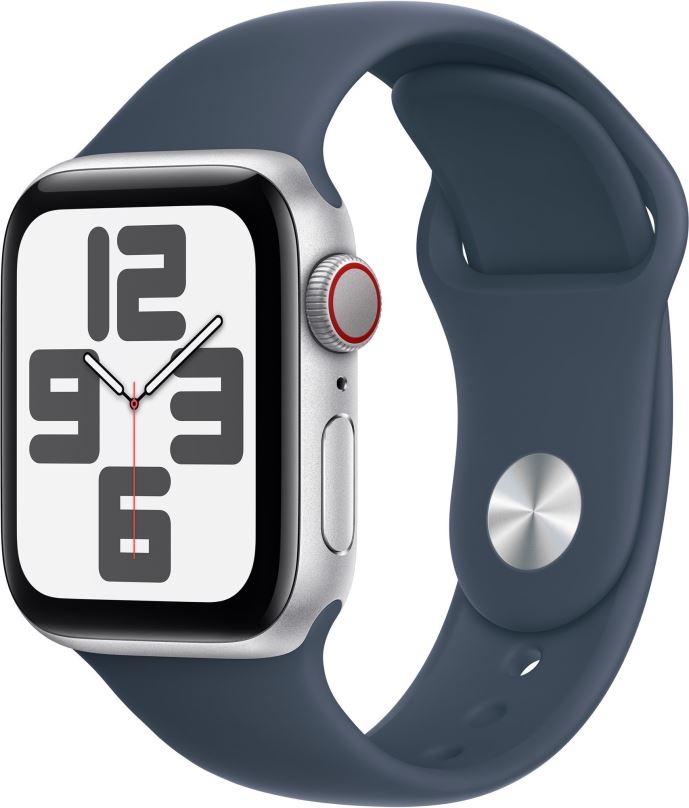 Chytré hodinky Apple Watch SE Cellular 40mm Stříbrný hliník s bouřkově modrým sportovním řemínkem - M/L