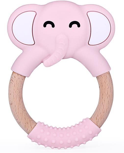 Kousátko Elpinio dřevěné kousátko se silikonovým slonem - růžové