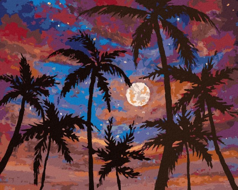 Malování podle čísel Měsíc mezi palmami, 40x50 cm, bez rámu a bez vypnutí plátna