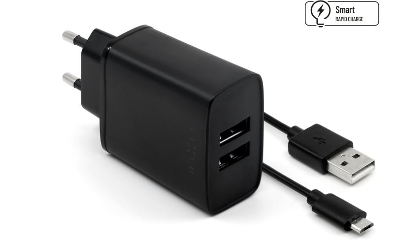 Nabíječka do sítě FIXED Smart Rapid Charge 15W s 2xUSB výstupem a USB/micro USB kabelem 1m černá