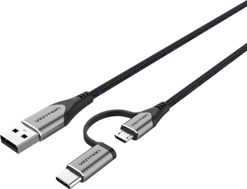 Datový kabel Vention USB 2.0 to 2-in-1 Micro USB & USB-C Cable 1m Gray Aluminum Alloy Type