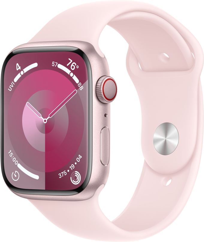 Chytré hodinky Apple Watch Series 9 45mm Cellular Růžový hliník se světle růžovým sportovním řemínkem - S/M