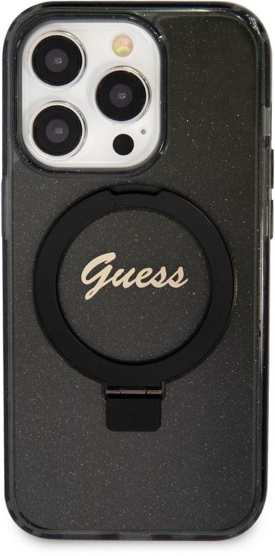 Kryt na mobil Guess IML Ring Stand Glitter MagSafe Zadní Kryt pro iPhone 15 Pro Max Black