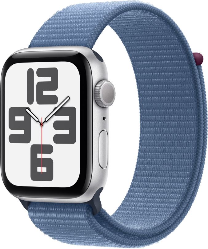 Chytré hodinky Apple Watch SE 44mm Stříbrný hliník s ledově modrým provlékacím sportovním řemínkem