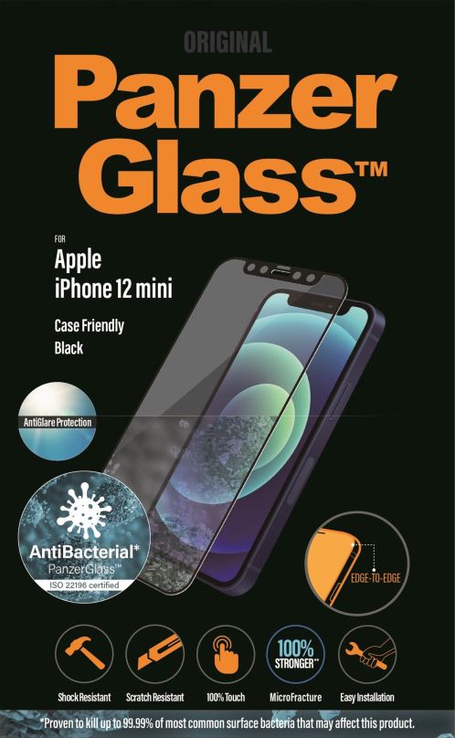 Ochranné sklo PanzerGlass Edge-to-Edge Antibacterial pro Apple iPhone 12 mini černé s Anti-Glare vrstvou