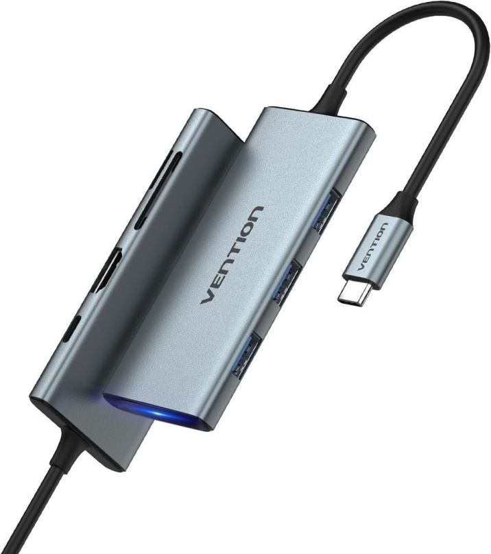 Replikátor portů Vention 7-in-1 USB-C to HDMI/USB 3.0x3/SD/TF/PD Docking Station 0.15M Gray Aluminum Alloy Type (Slim