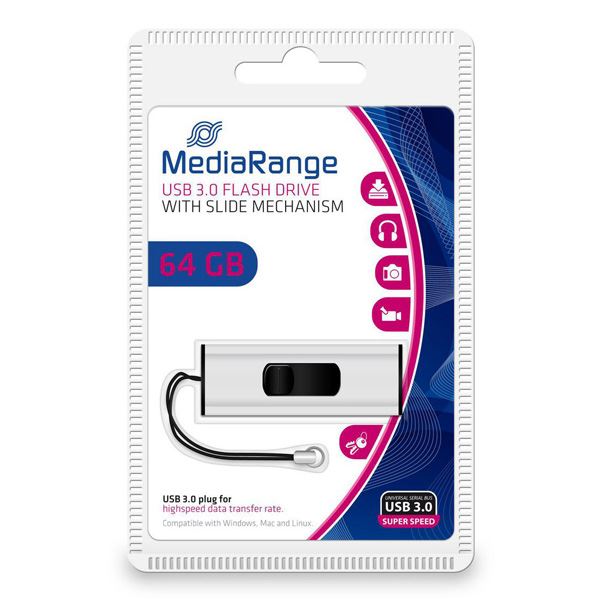 MediaRange USB flash disk, USB 3.0, 64GB, stříbrný, MR917, USB A, s poutkem, vysouvací