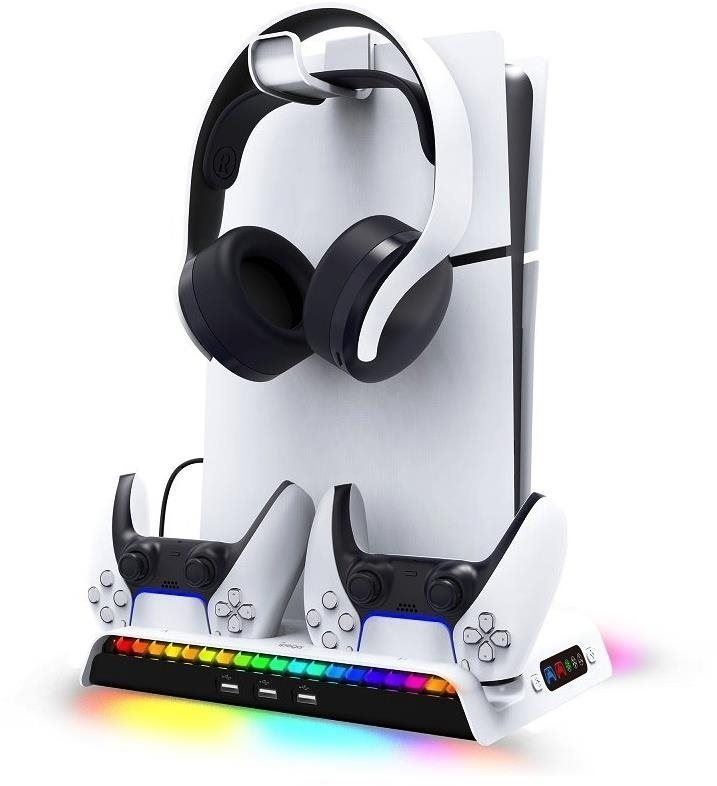 Stojan na herní konzoli iPega P5S006 Multifunkční Nabíjecí RGB Stojan s Chlazením pro PS5 Slim White