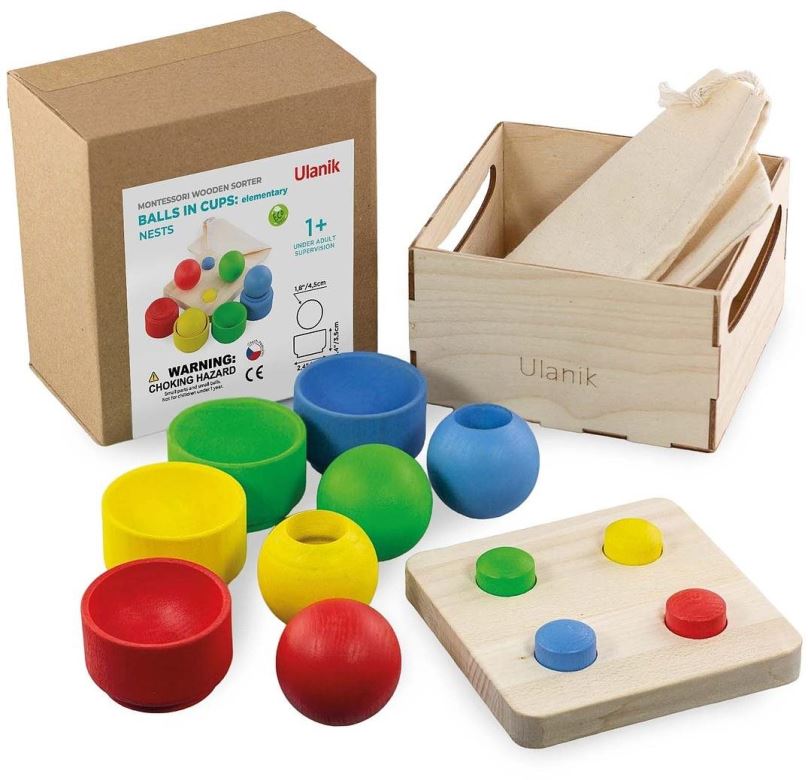 Vzdělávací sada Ulanik Montessori základní sada Dřevěné kelímky a kuličky