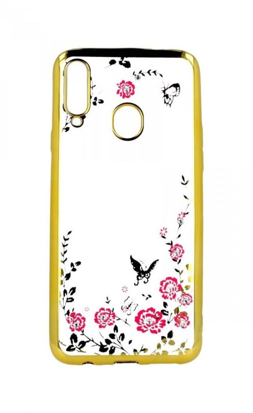 Kryt na mobil TopQ Samsung A20s silikon zlatý s růžovými květy 55375