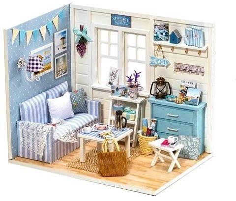 Nábytek pro panenky Dřevěný model obývacího pokoje pro panenky k sestavení LED DIY 3016