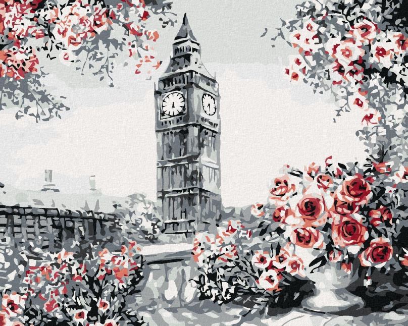 Malování podle čísel Big Ben obklopený růžema, 80x100 cm, bez rámu a bez vypnutí plátna