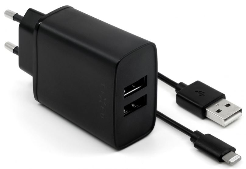 Nabíječka do sítě FIXED Smart Rapid Charge 15W s 2xUSB výstupem a USB/Lightning kabelem 1m černá