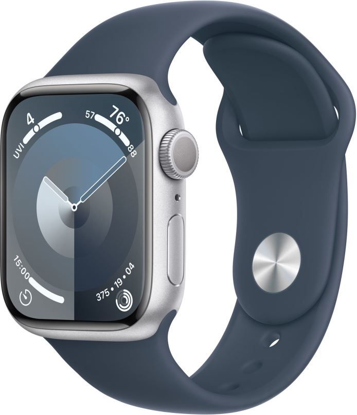 Chytré hodinky Apple Watch Series 9 41mm Stříbrný hliník s bouřkově modrým sportovním řemínkem -M/L