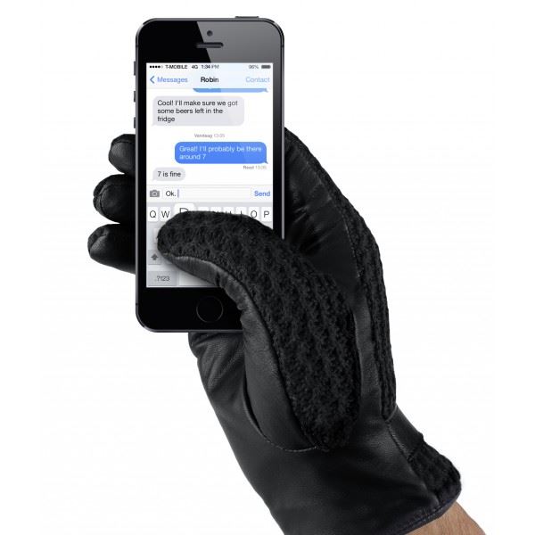 MUJJO Kožené háčkované dotykové rukavice - velikost 8,5 - černé