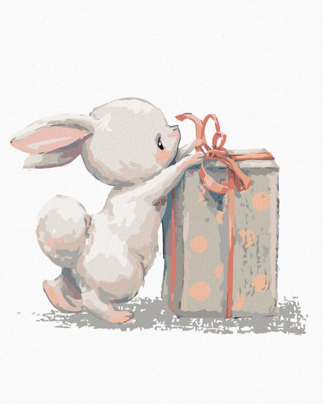 Malování podle čísel Zajíc s narozeninovým dárkem, 40x50 cm, bez rámu a bez vypnutí plátna