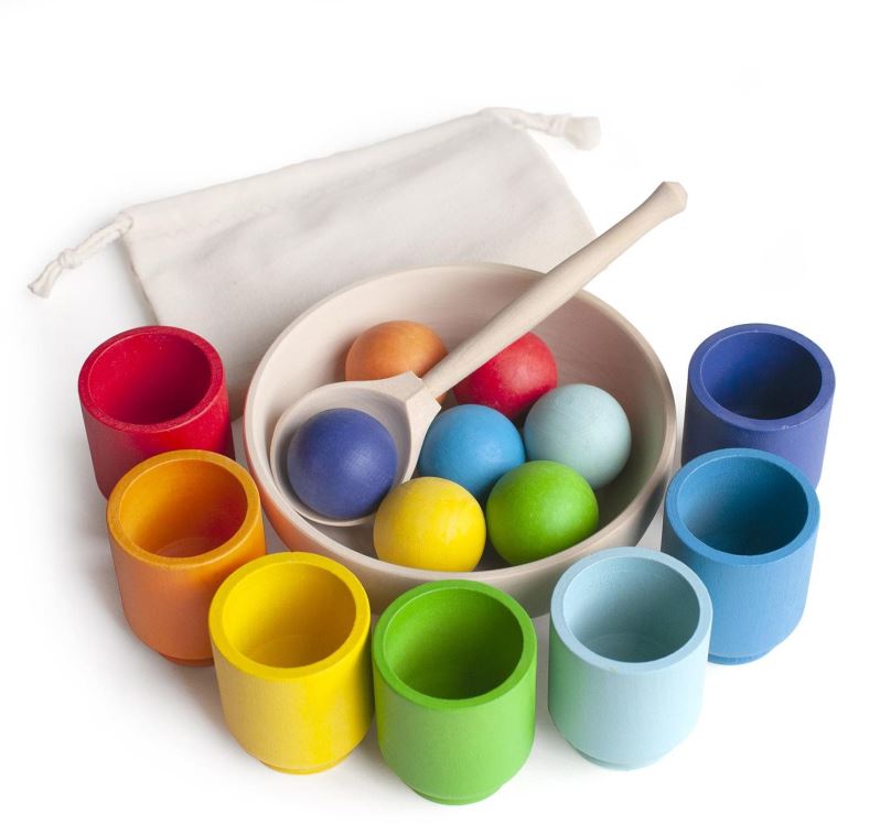 Vzdělávací sada Ulanik Montessori dřevěná hračka "Rainbow: balls in cups"