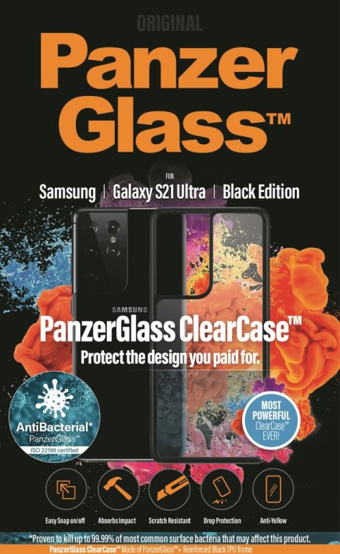 Pouzdro na mobil PanzerGlass ClearCase Antibacterial pro Samsung Galaxy S21 Ultra Black edition