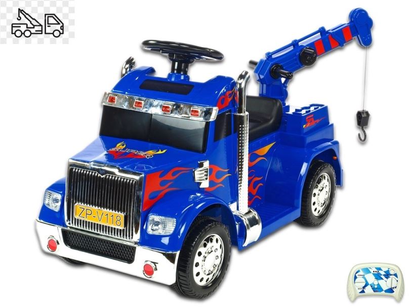 Elektrické auto pro děti náklaďák s funkčním otočným jeřábem, modrý
