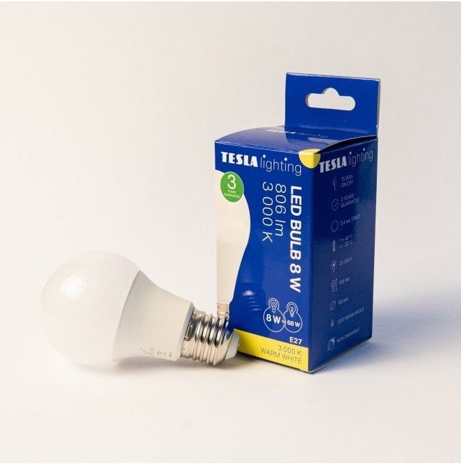 LED žárovka Tesla - LED žárovka BULB, E27, 8W, 230V, 806lm, 25 000h, 3000K teplá bílá, 220st