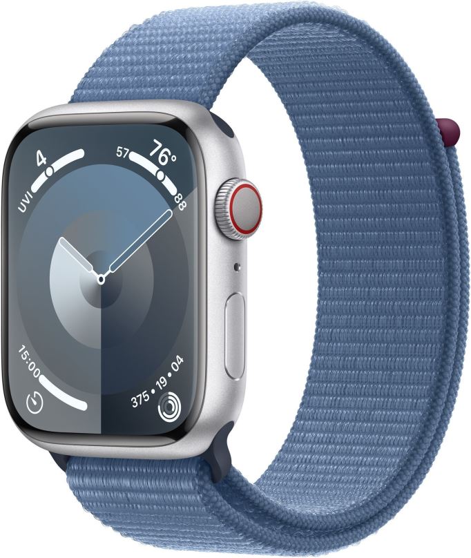 Chytré hodinky Apple Watch Series 9 45mm Cellular Stříbrný hliník s ledově modrým provlékacím sportovním řemínkem