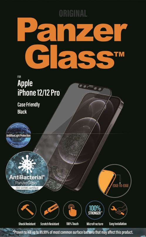 Ochranné sklo PanzerGlass Edge-to-Edge Antibacterial pro Apple iPhone 12/12 Pro černé s Anti-BlueLight vrstvou