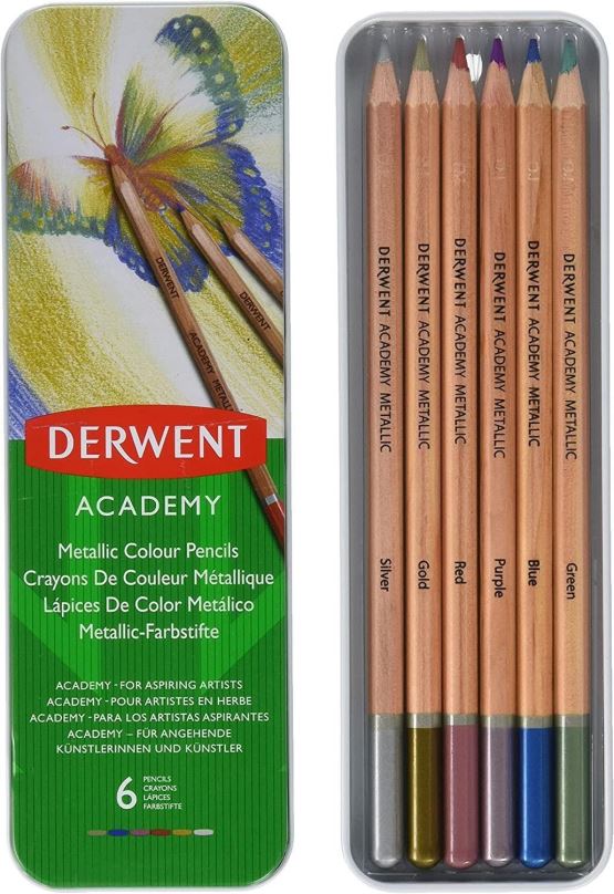 Pastelky DERWENT Academy Metallic Colour Pencils v plechové krabičce, šestihranné, 6 barev