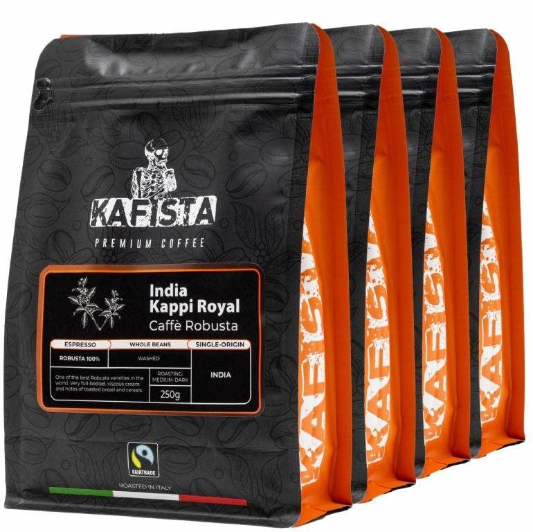 Káva Kafista "India Kappi Royal" - 100% Robusta, Pražená v Itálii - zrnková káva na espresso 4 x 250 g