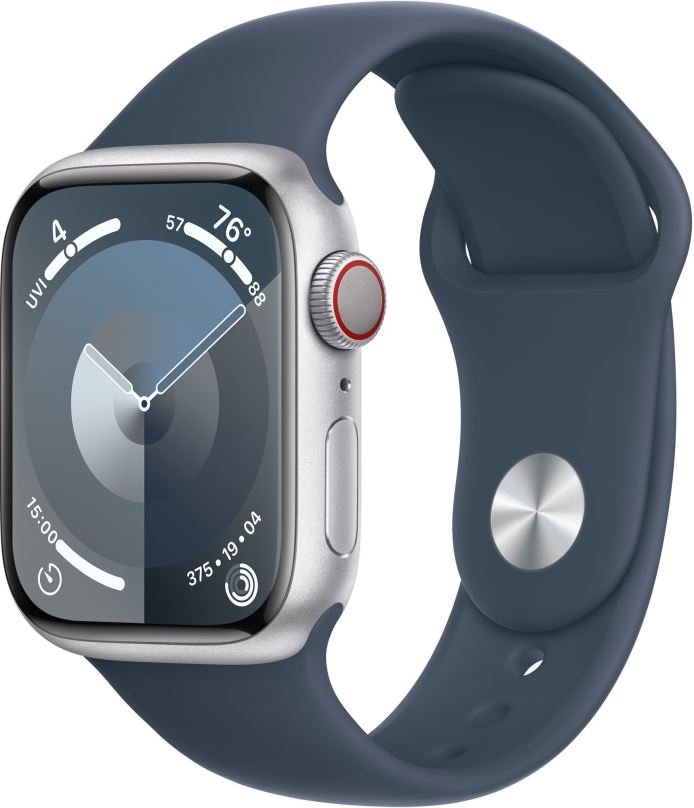 Chytré hodinky Apple Watch Series 9 41mm Cellular Stříbrný hliník s bouřkově modrým sportovním řemínkem - M/L
