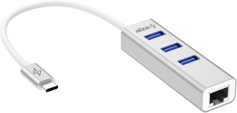 USB Hub AlzaPower AluCore USB-C (M) na 3× USB-A (F) s LAN stříbrná