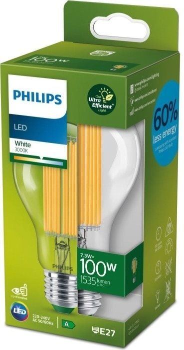 Philips 8719514435711 LED filamentová žárovka 1x7,3W/100W | E27 | 1535lm | 3000K - čirá, Ultra Efficient