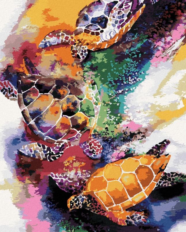 Malování podle čísel Barevné želvy ve vodě, 80x100 cm, bez rámu a bez vypnutí plátna