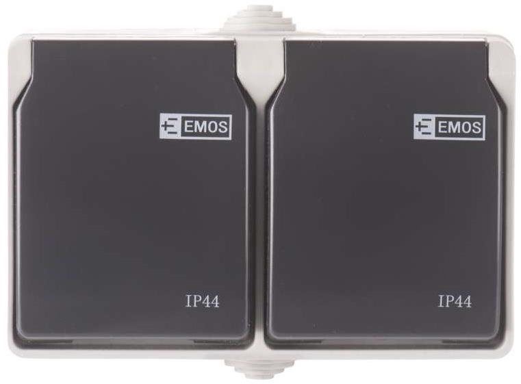 Zásuvka EMOS Zásuvka nástěnná dvojitá, šedo-černá, IP44