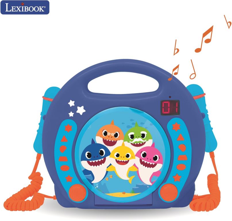 Hudební hračka Lexibook Baby Shark Přenosný CD přehrávač se 2 mikrofony pro společný zpěv