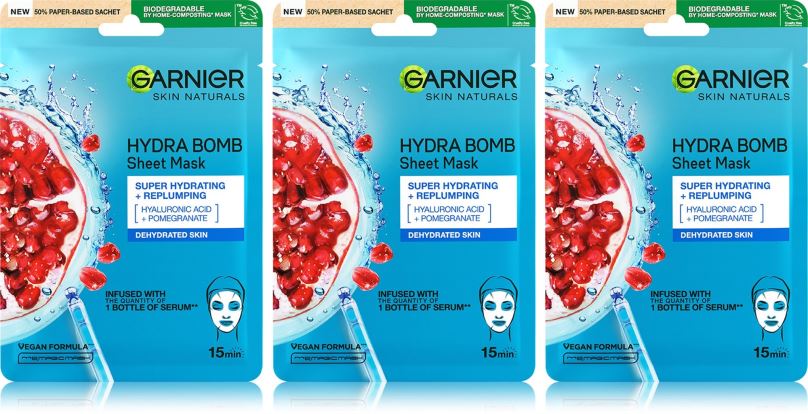 Kosmetická sada GARNIER Hydra Bomb Super Hydrating & Repulping Tissue Mask 3 x 28 g