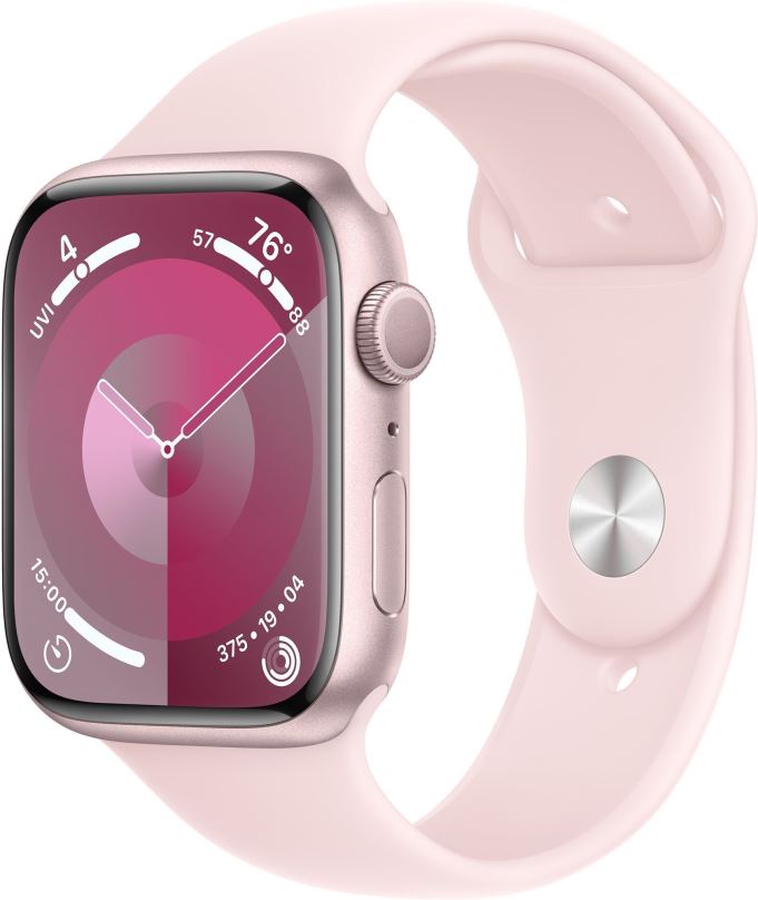 Chytré hodinky Apple Watch Series 9 45mm Růžový hliník se světle růžovým sportovním řemínkem - S/M
