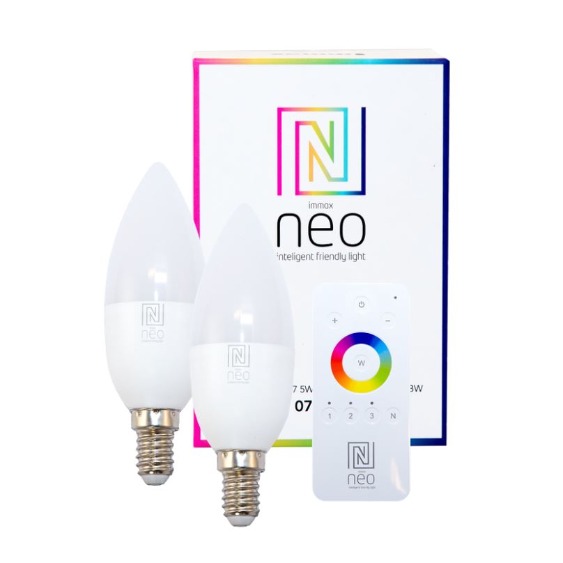 LED žárovka Immax Neo E14 5W barevná + teplá bílá, stmívatelná, 2ks + ovladač, Zigbee 3.0
